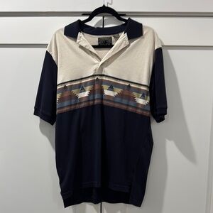 Cream and Blue Polo Shirt with Southwestern Pattern
